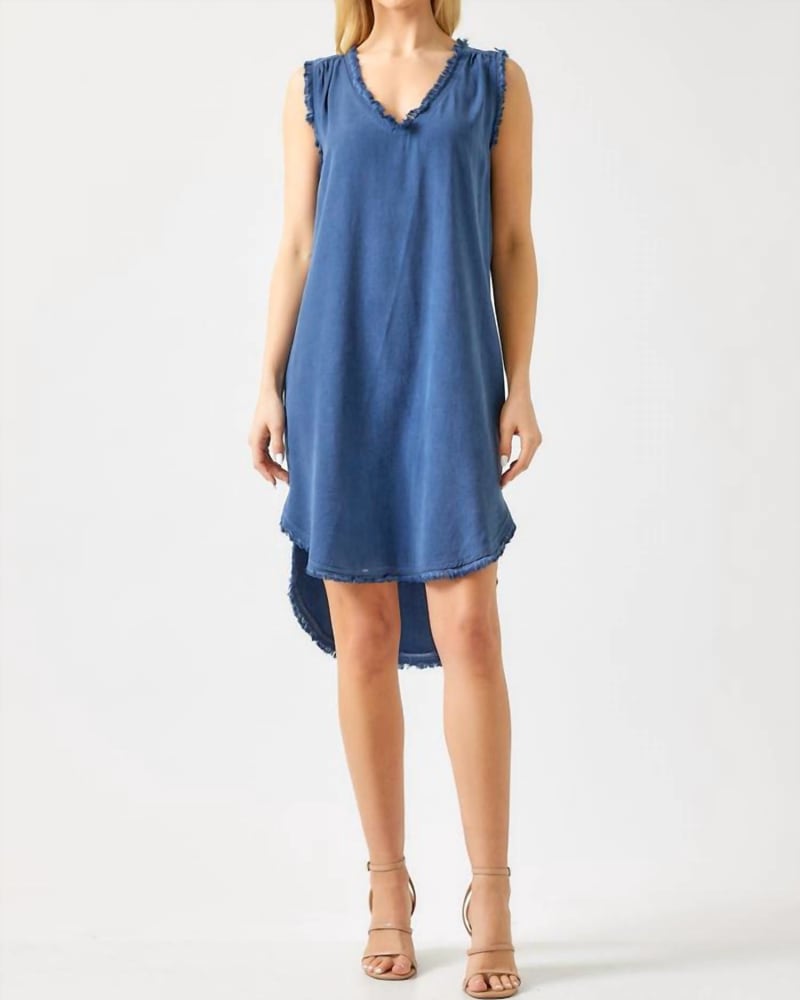 Front of a model wearing a size L Sleeveless Tank Dress in Sea Blue in Sea Blue by maven west. | dia_product_style_image_id:346240